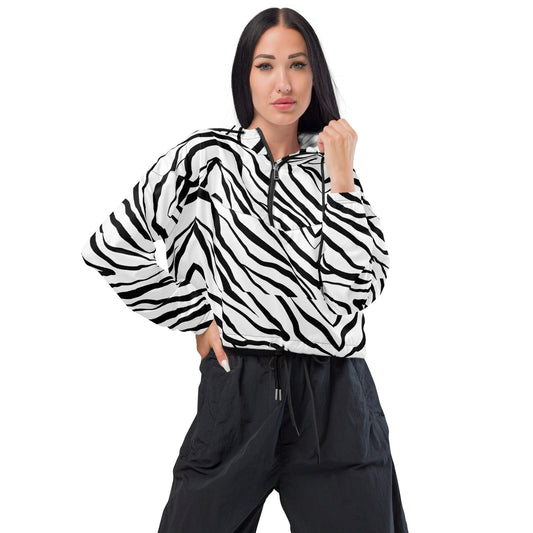 Striped Zebra Vibrance Women’s Cropped Windbreaker - FLAKOUT