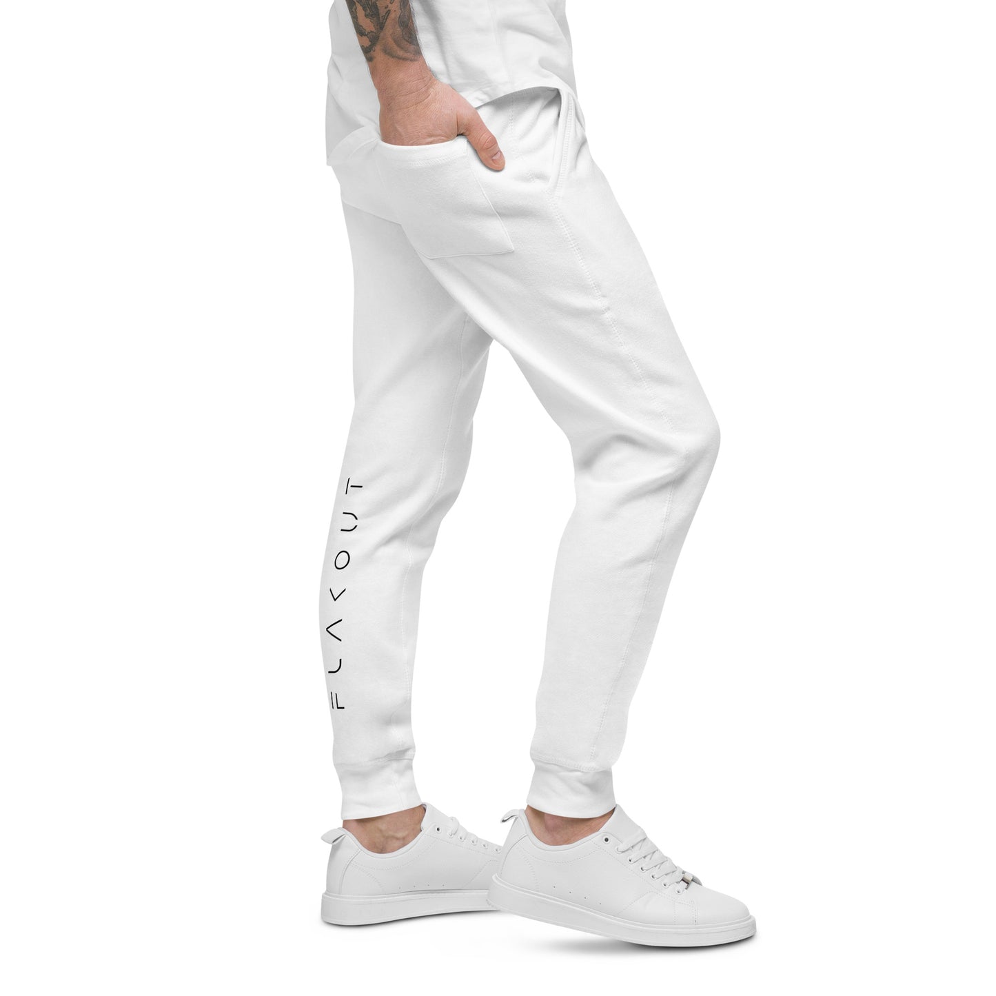 FLAKOUT Logo Back Leg Unisex Fleece Sweatpants - White - FLAKOUT