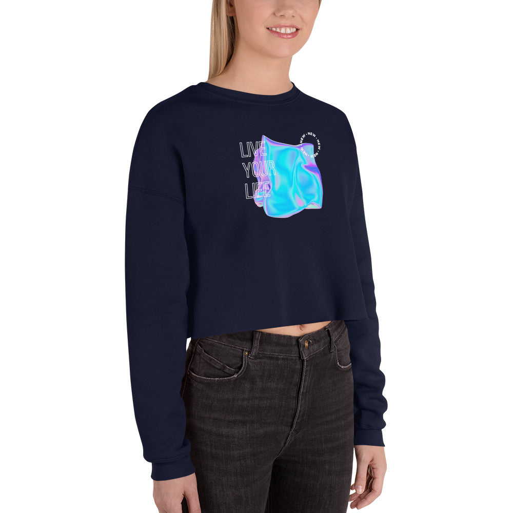 Vivid Existence Live Your Life Women's Crop Sweatshirt - Navy - FLAKOUT